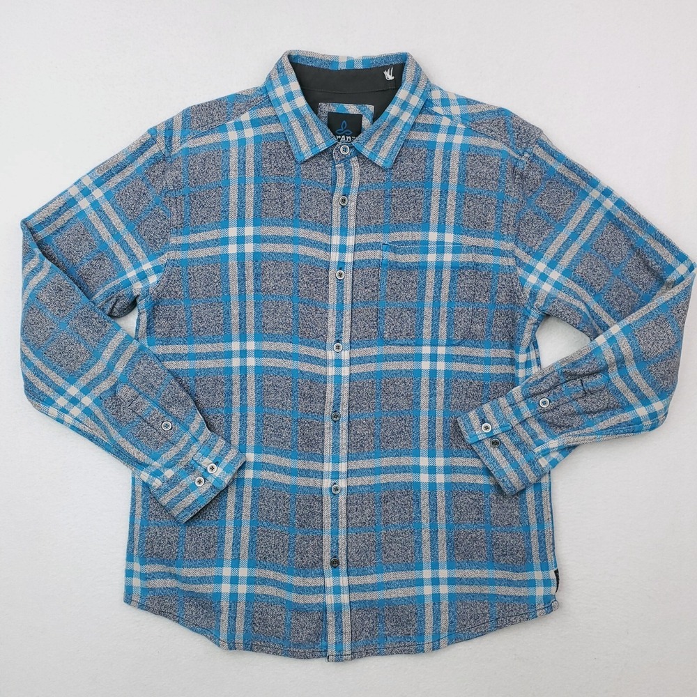 Prana Shirt Mens Large Gray Blue Flannel Tartan Plaid Heavyweight Outdoor